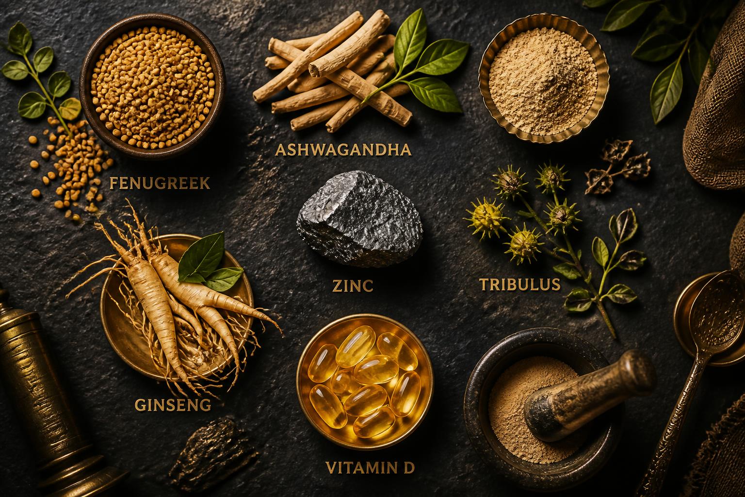 Fenugreek, ashwagandha, zinc, ginseng, tribulus and vitamin D ingredients laid out on dark slate