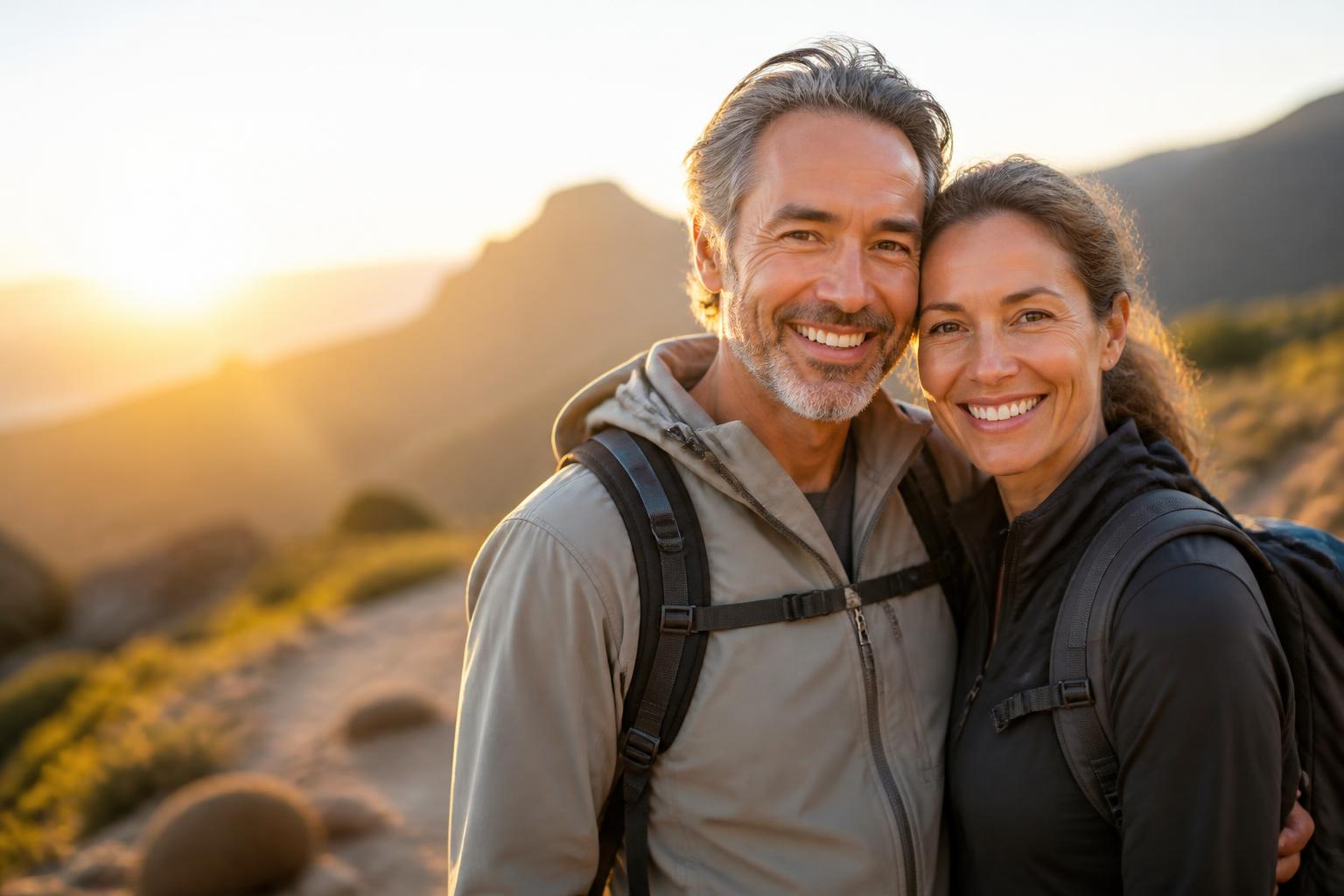 Energetic couple in their fifties hiking together at sunset